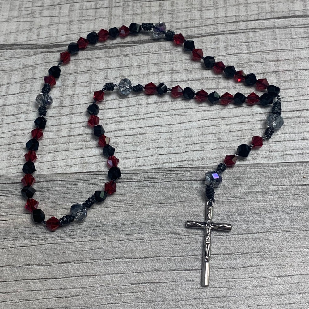 Red and Black Crystal Bead Rosary Silver Tone Crucifix Corded Prayer Necklace